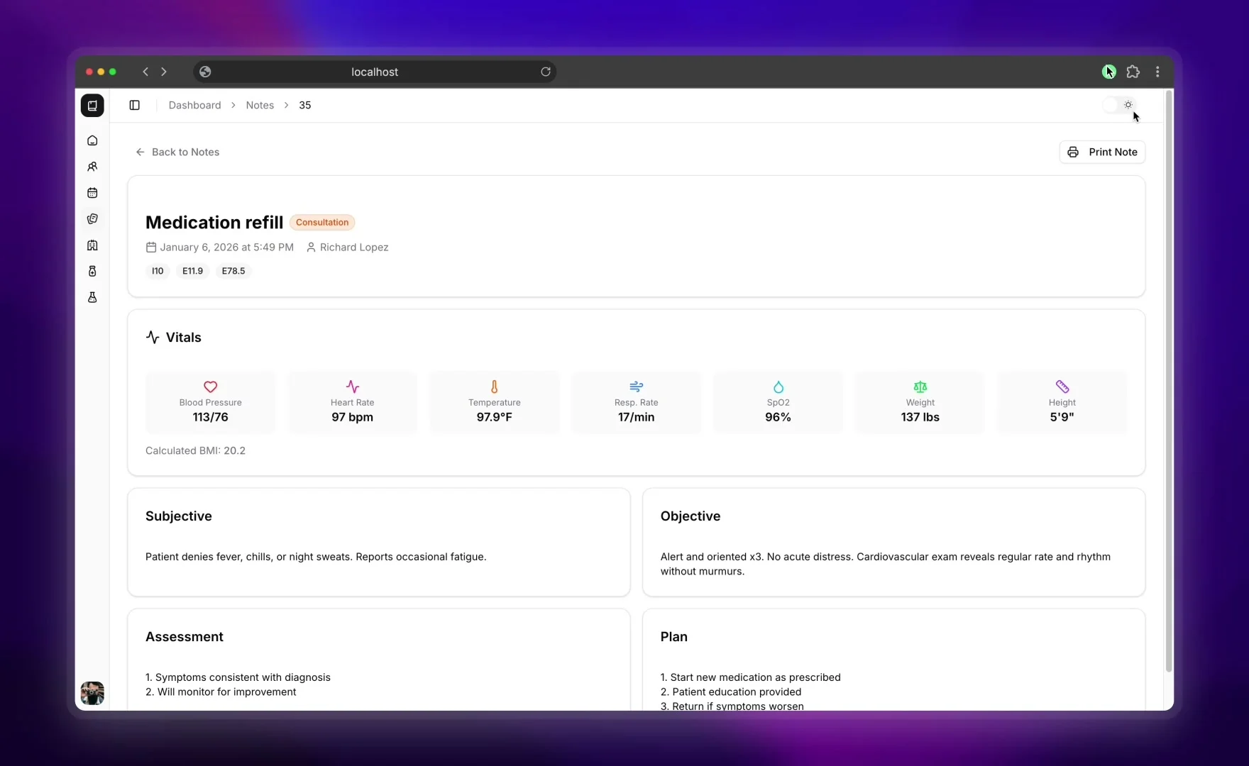 Clinical note with vitals