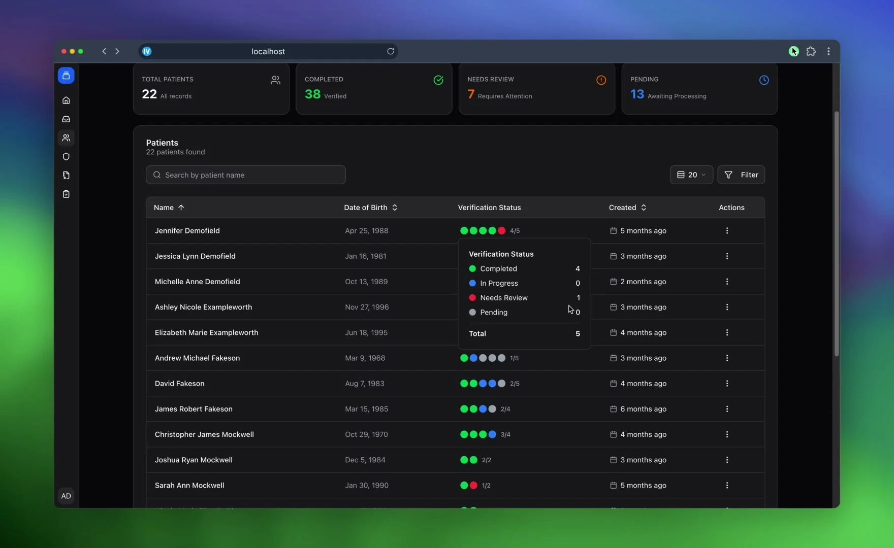 Patient verification status list