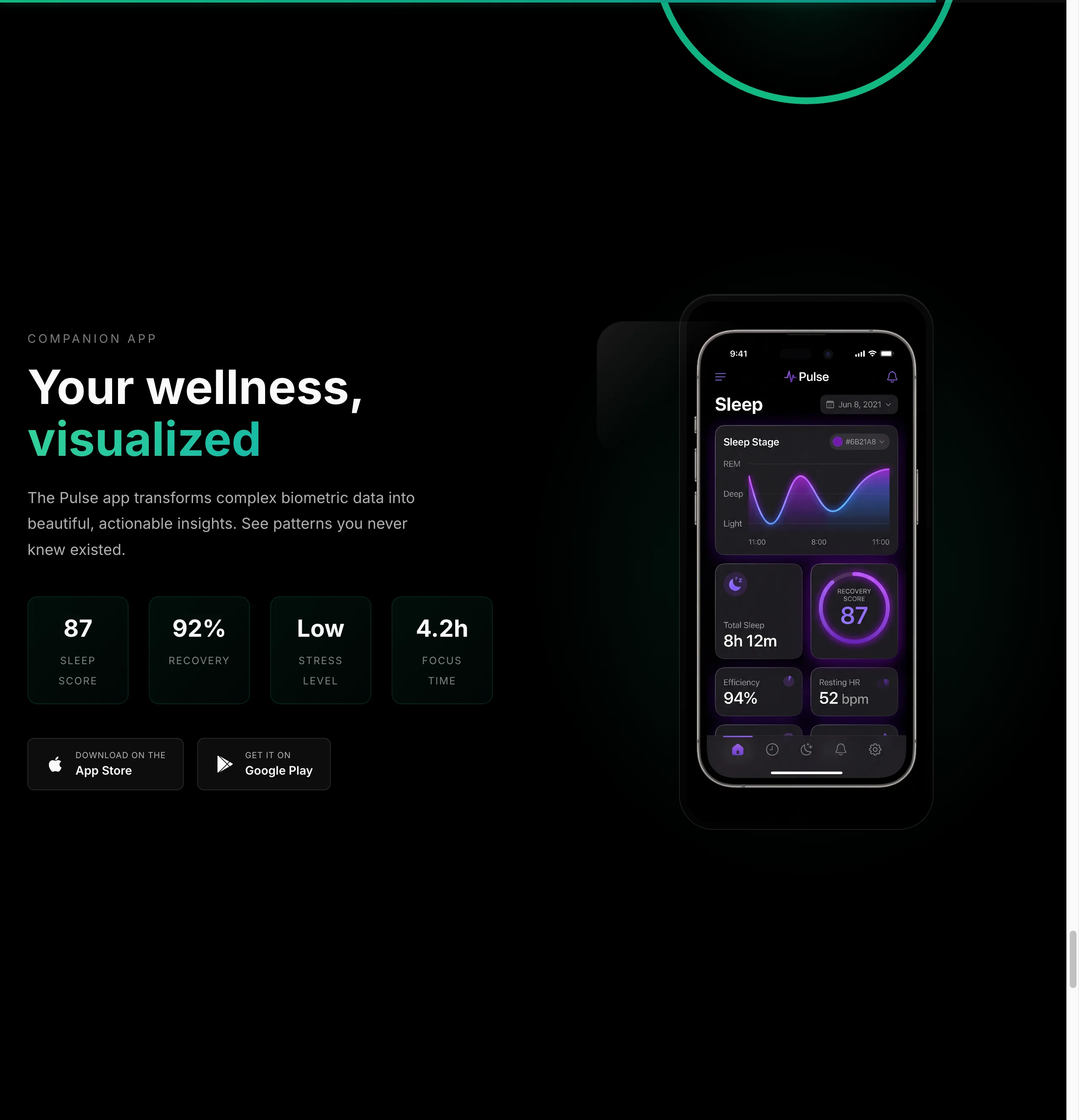 Companion app preview with sleep tracking dashboard