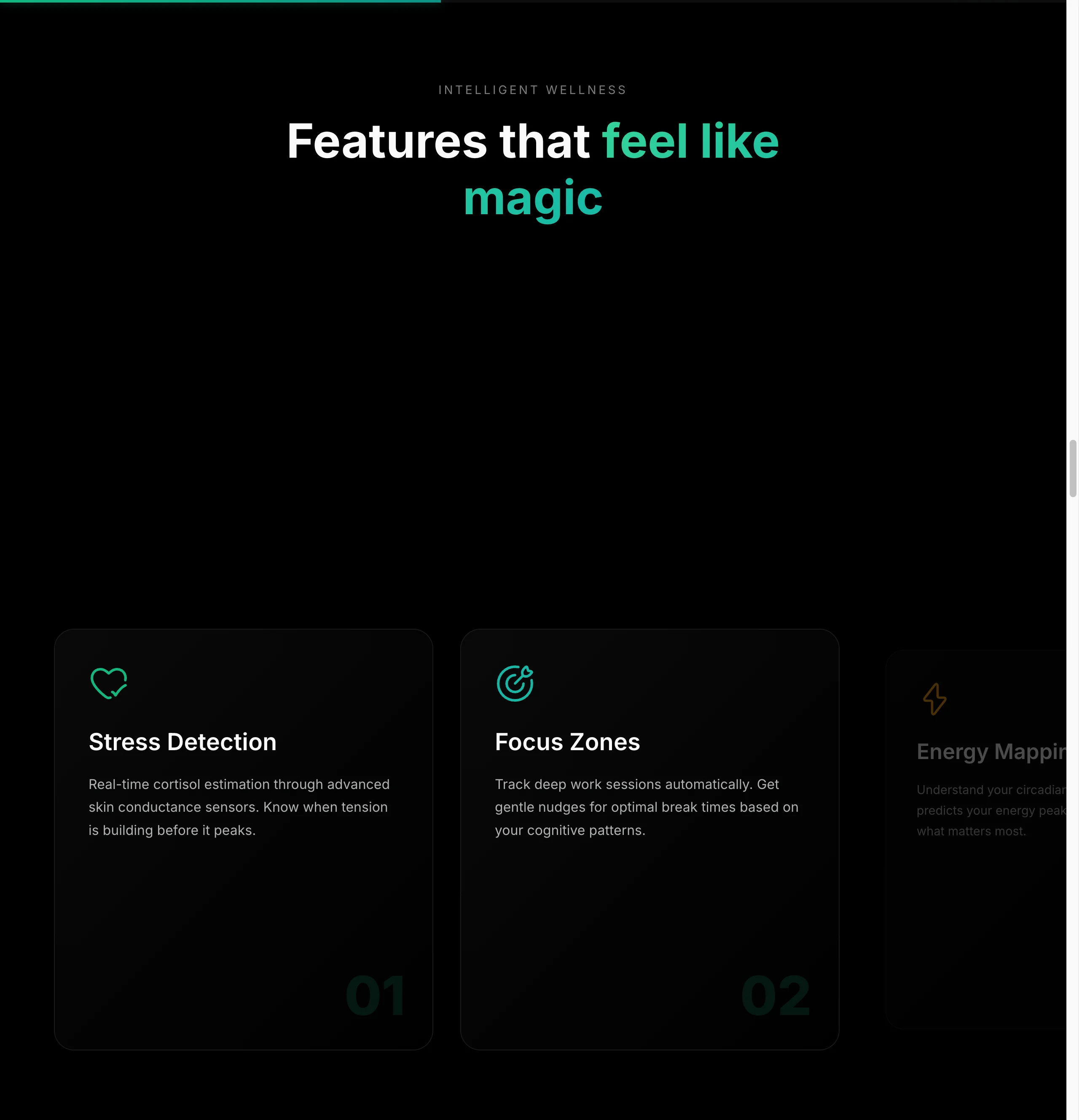 Features section with stress detection and focus zones