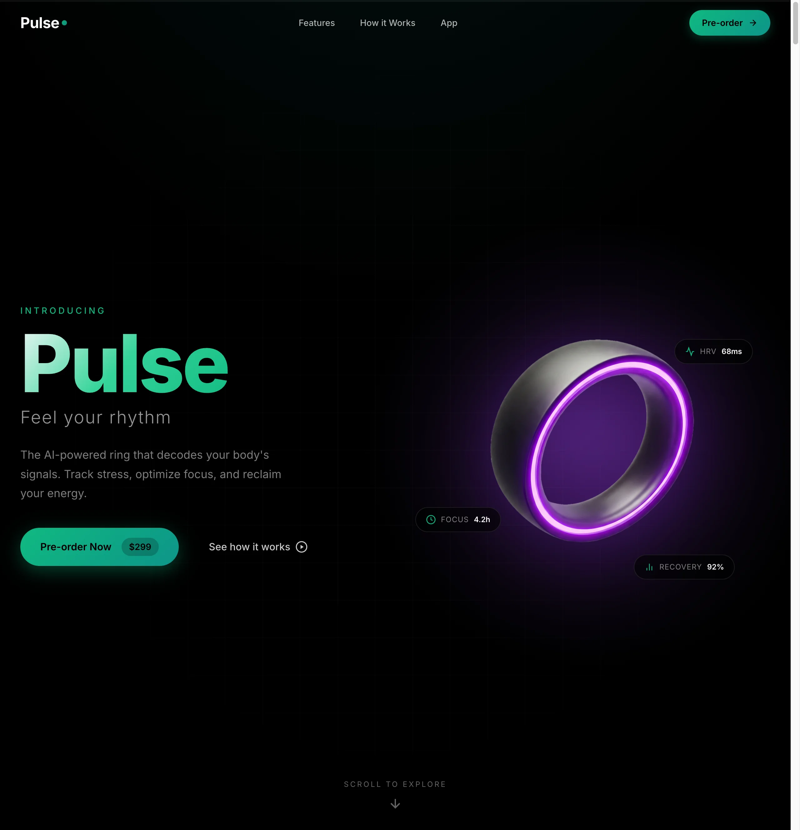 Hero section with smart ring and health metrics
